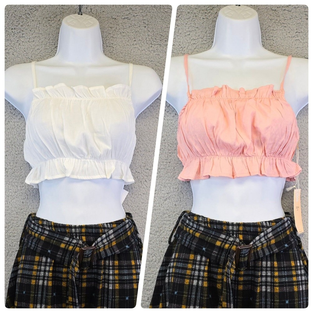 Blashe Ruffle Crop Top Womens Small‎ Lot of 2 White Pink Ruched Camisole - Picture 1 of 16